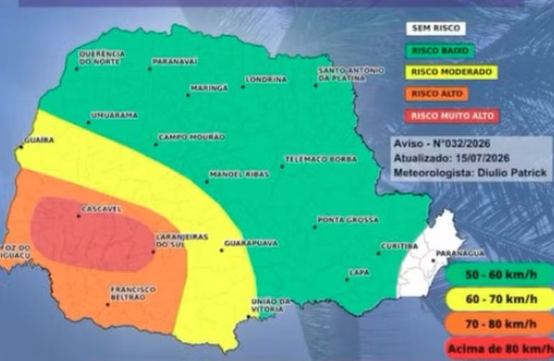 PARANÁ ESTÁ SOB ALERTA DE VENTOS ACIMA DE 80 KM/H